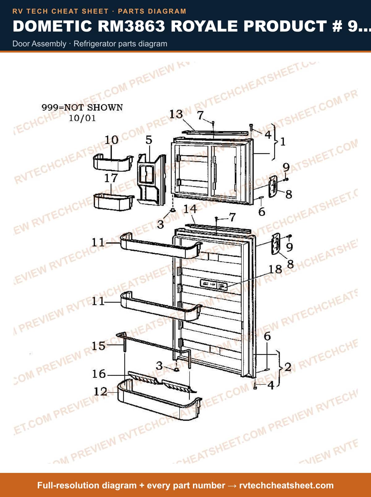 Dometic RM3863 Royale Product # 921146060 Black door assembly — parts list sheet
