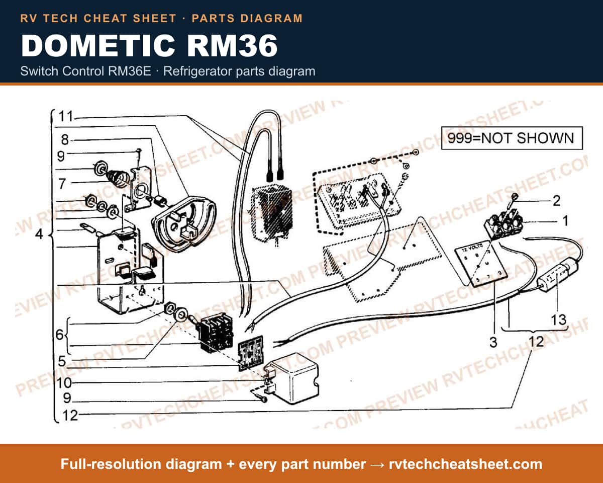 Dometic RM36 switch control rm36e — parts list sheet
