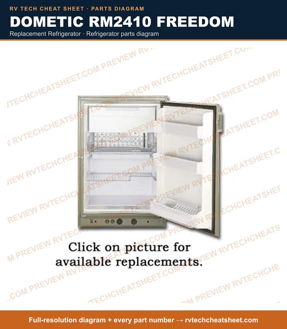 Dometic RM2410 Freedom replacement refrigerator — parts list sheet