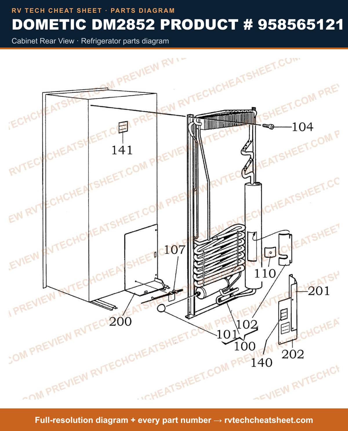 Dometic DM2852 Product # 958565121 cabinet rear view — parts list sheet