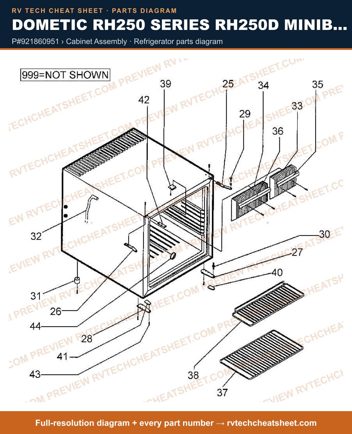 Dometic RH250 Series RH250D Minibar p#921860951 › cabinet assembly — parts list sheet