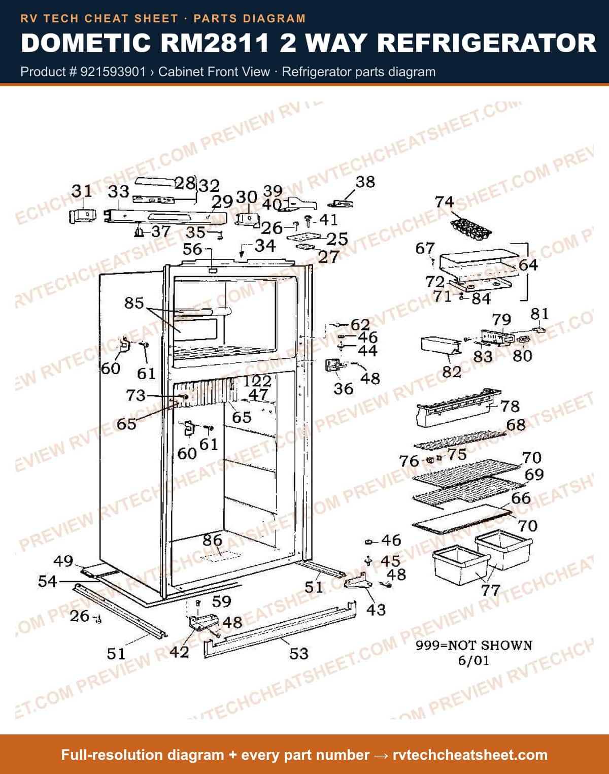 Dometic RM2811 2 Way Refrigerator product # 921593901 › cabinet front view — parts list sheet
