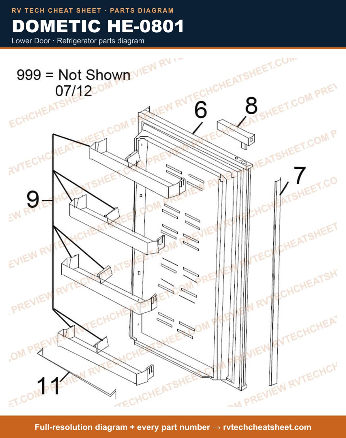 Dometic HE-0801 lower door — parts list sheet 1 of 2