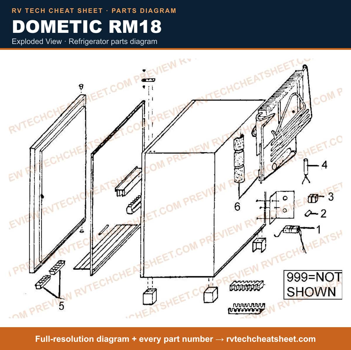 Dometic RM18 exploded view — parts list sheet