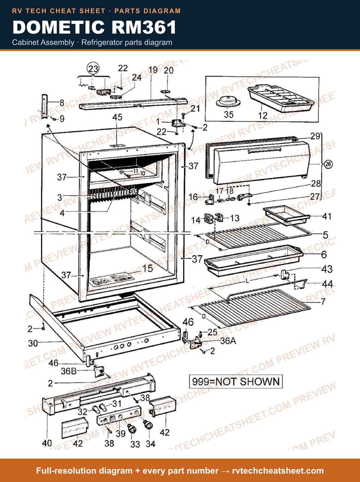 Dometic RM361 cabinet assembly — parts list sheet