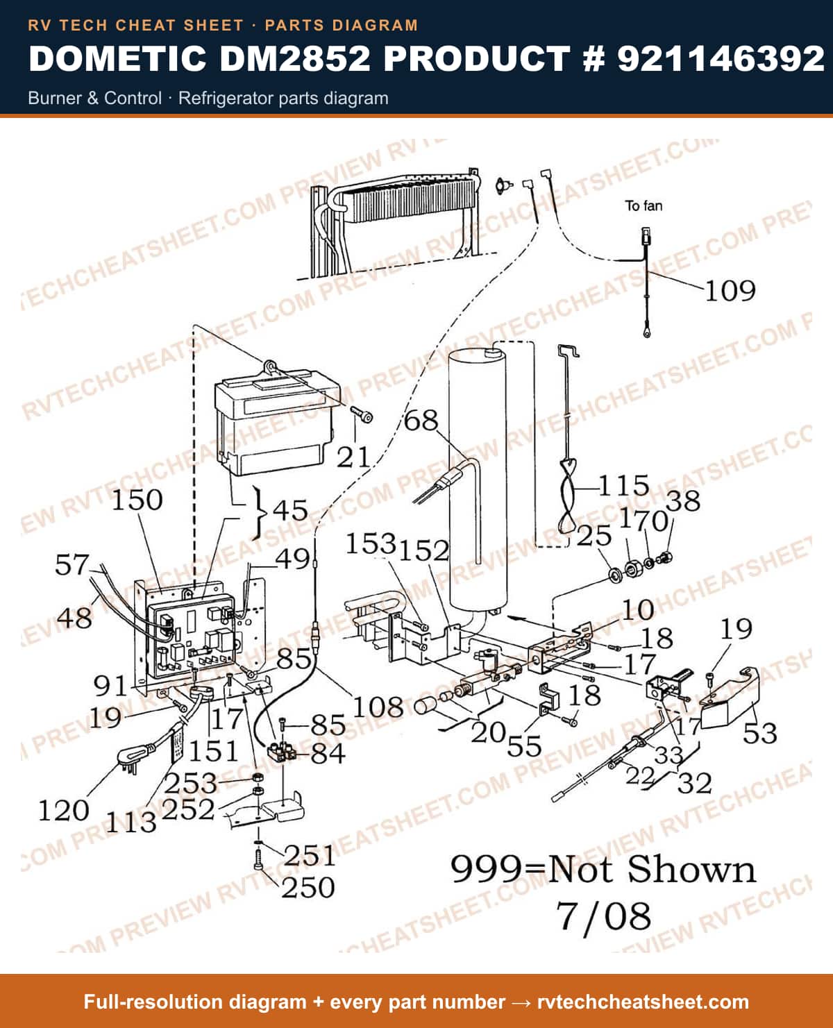 Dometic DM2852 Product # 921146392 burner & control — parts list sheet