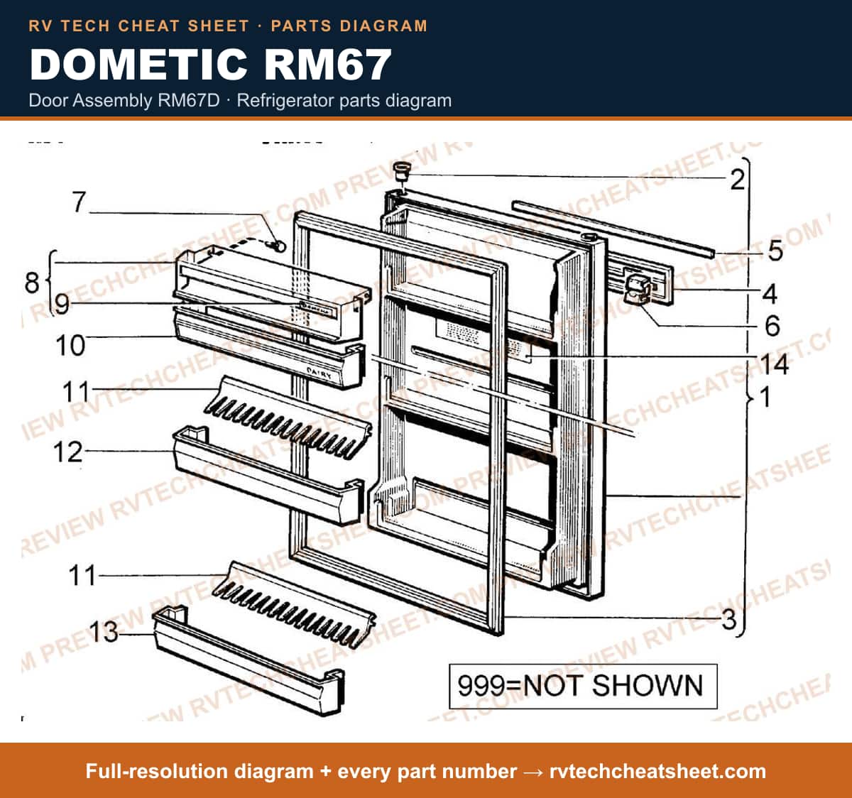 Dometic RM67 door assembly rm67d — parts list sheet