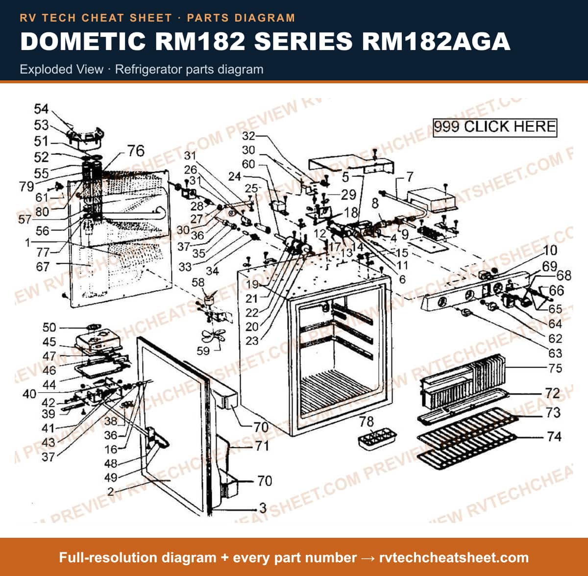 Dometic RM182 Series RM182AGA exploded view — parts list sheet