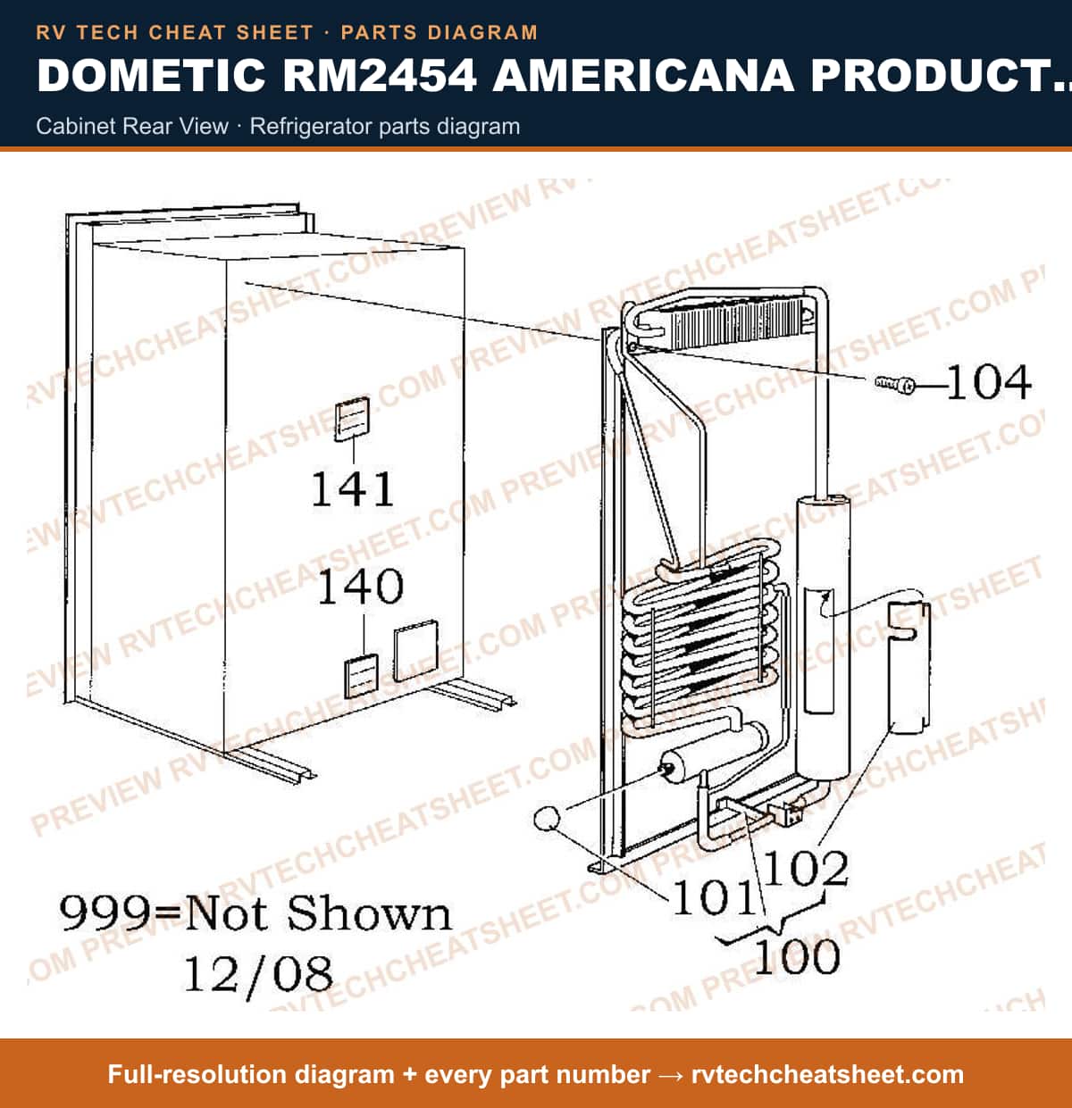 Dometic RM2454 Americana Product # 921140123 Brown cabinet rear view — parts list sheet