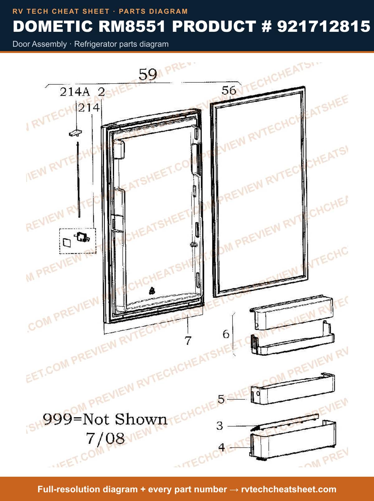 Dometic RM8551 Product # 921712815 door assembly — parts list sheet