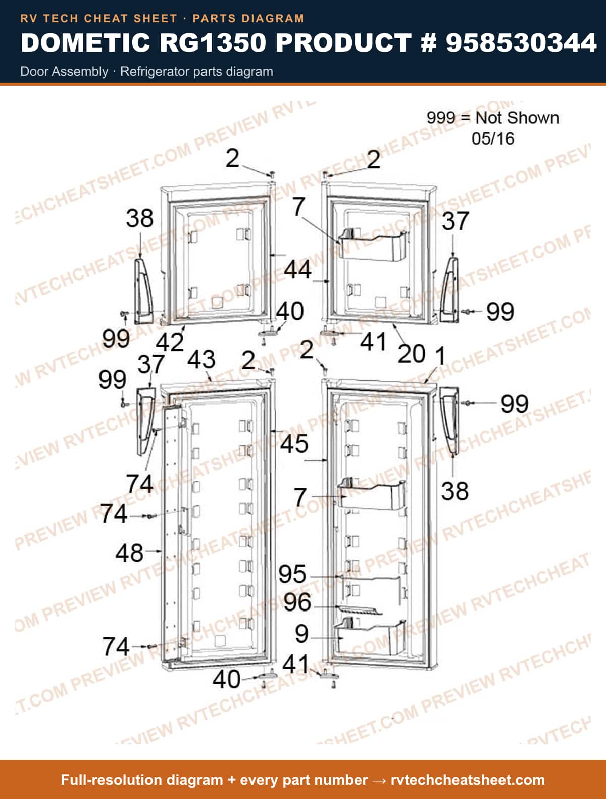 Dometic RG1350 Product # 958530344 door assembly — exploded parts diagram