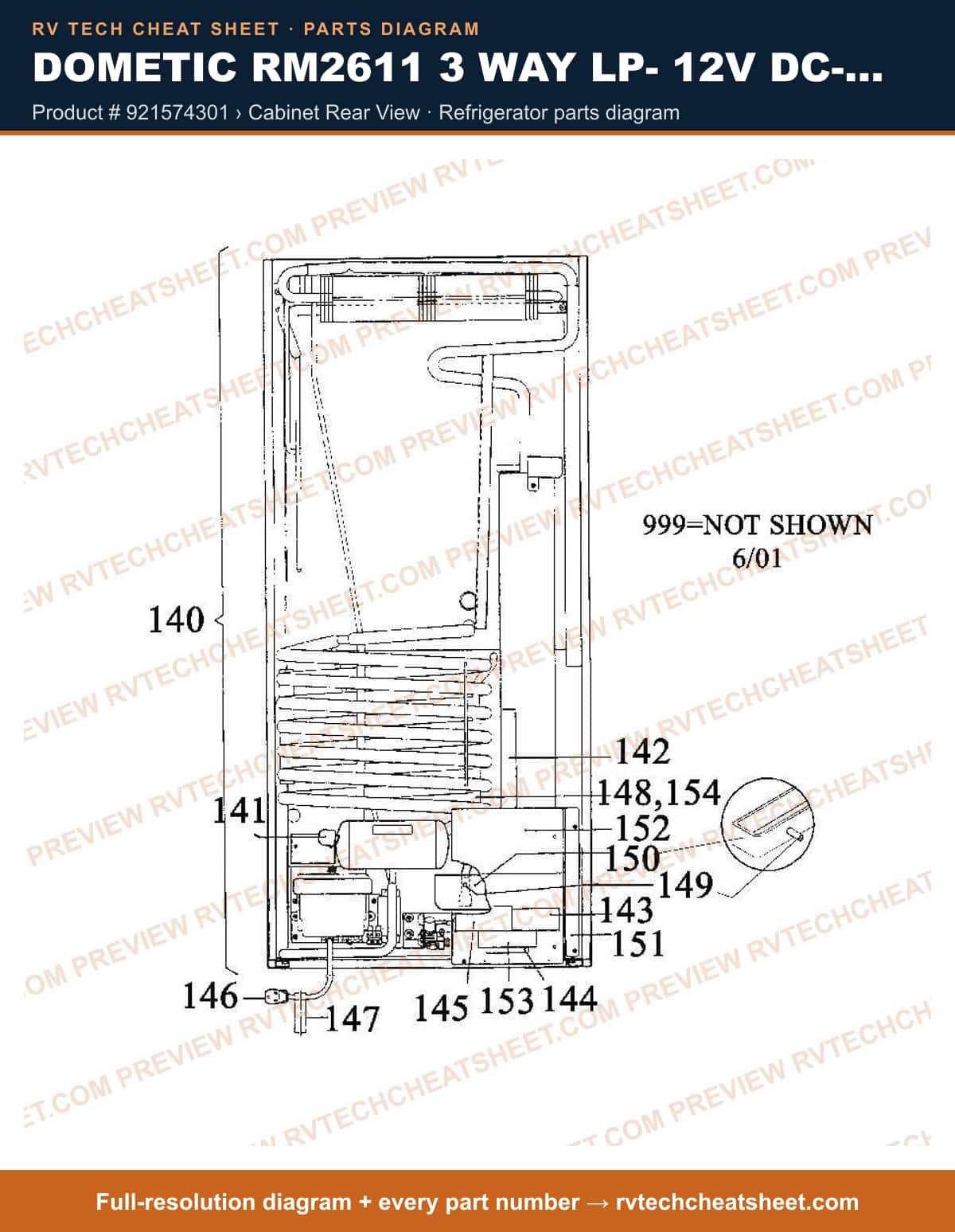 Dometic RM2611 3 Way Lp- 12V Dc- 110V AC product # 921574301 › cabinet rear view — parts list sheet