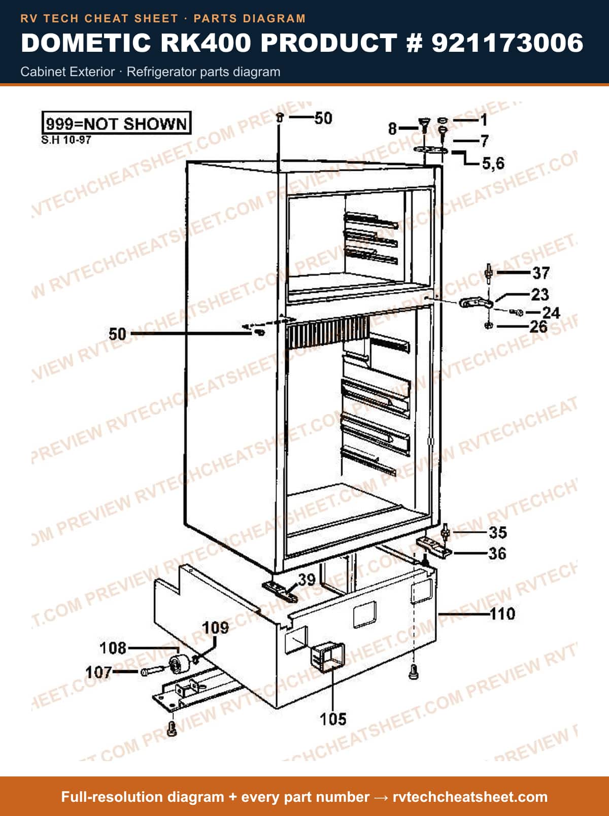 Dometic RK400 Product # 921173006 cabinet exterior — parts list sheet