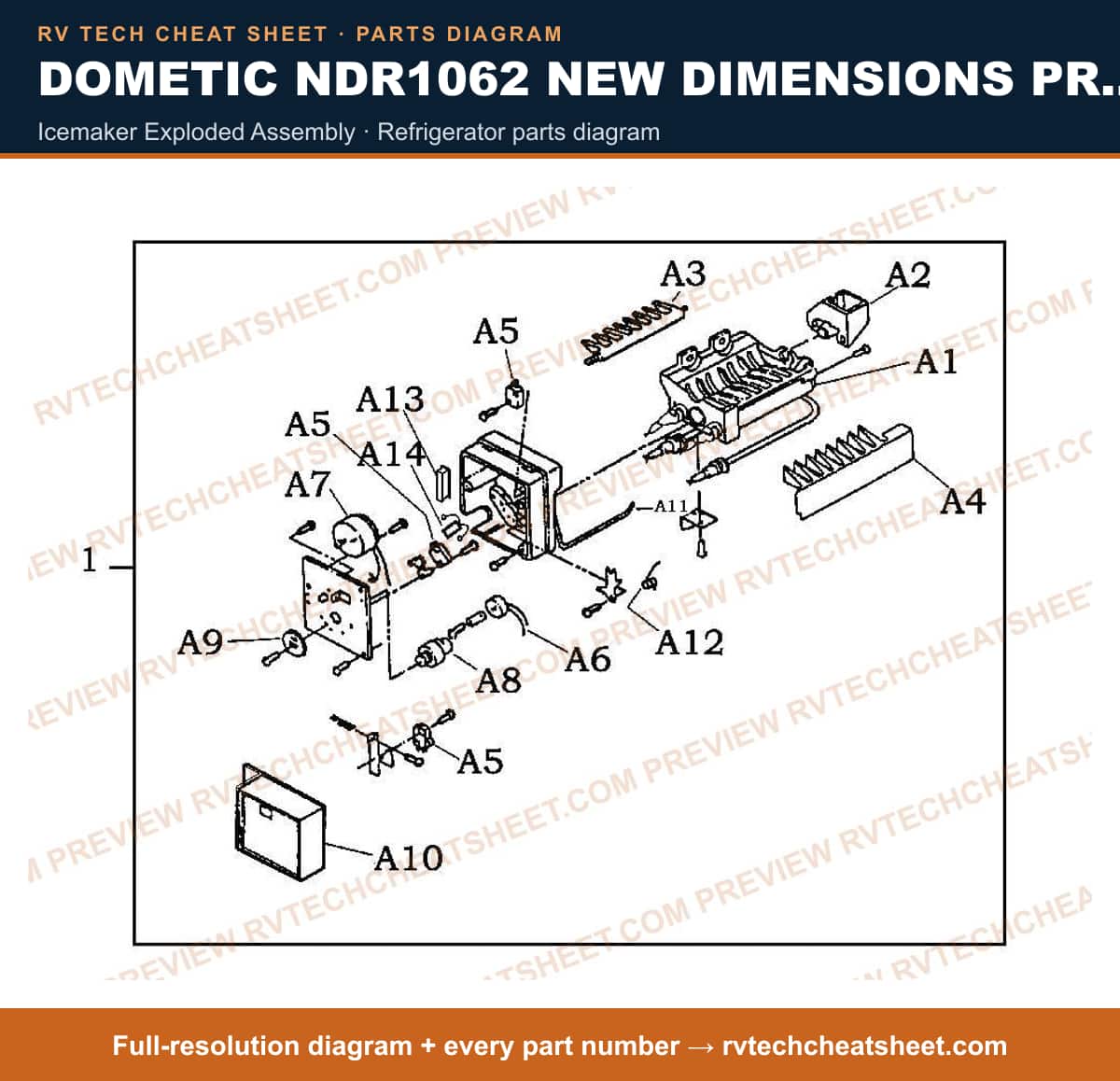 Dometic NDR1062 New Dimensions Product # 921146116 (black) icemaker exploded assembly — parts list sheet
