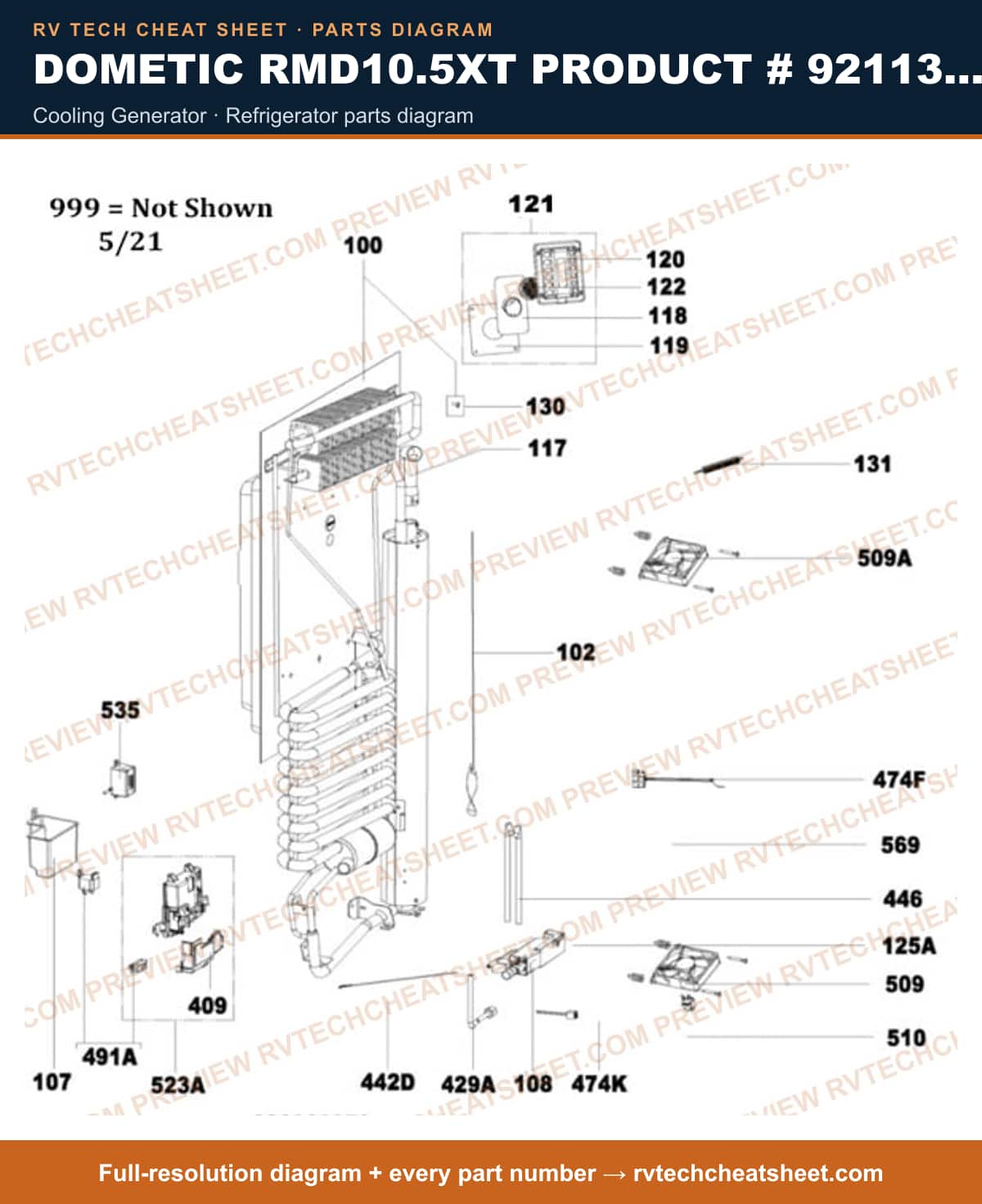 Dometic RMD10.5XT Product # 921132832 cooling generator — parts list sheet