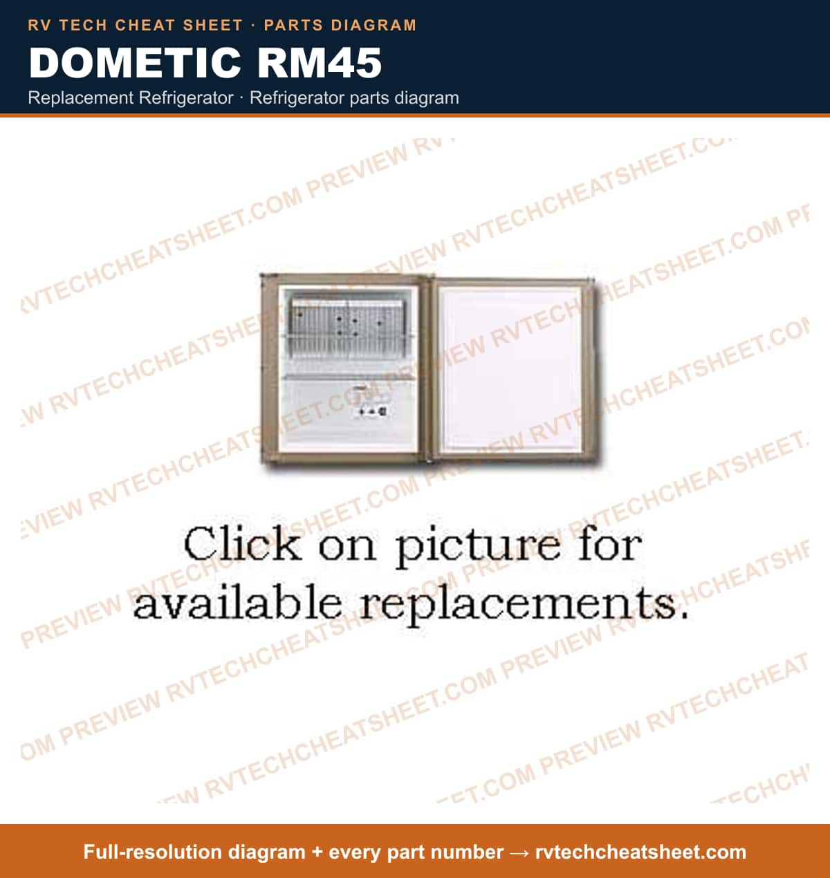 Dometic RM45 replacement refrigerator — parts list sheet