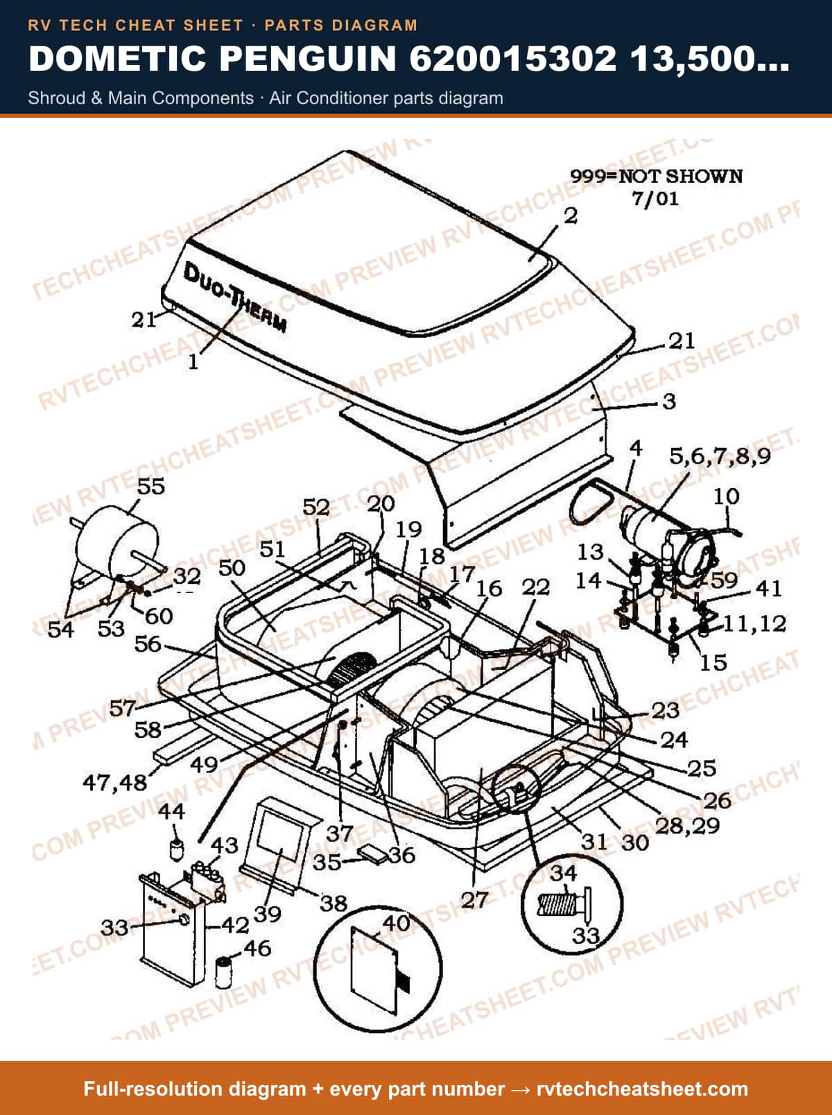 Dometic Penguin 620015302 13,500 BTU shroud & main components — parts list sheet