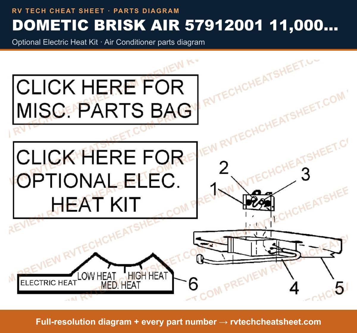 Dometic Brisk Air 57912001 11,000 BTU optional electric heat kit — exploded parts diagram