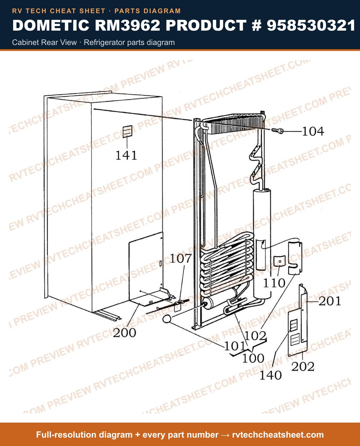 Dometic RM3962 Product # 958530321 cabinet rear view — parts list sheet