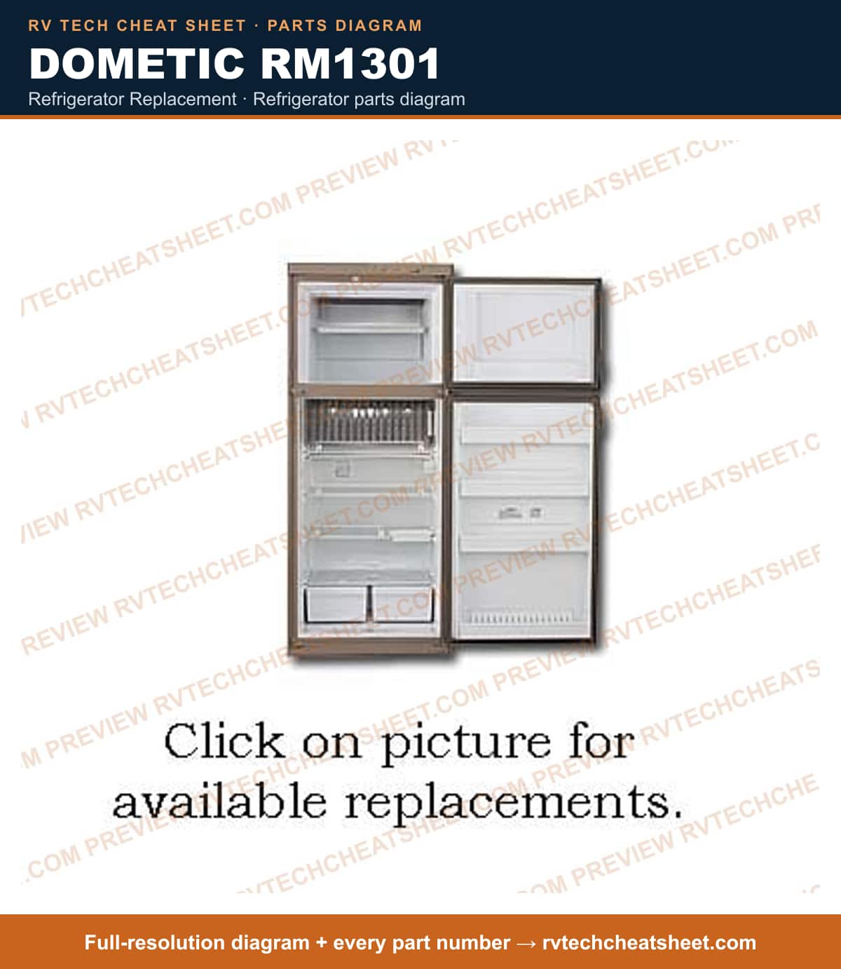 Dometic RM1301 refrigerator replacement — parts list sheet
