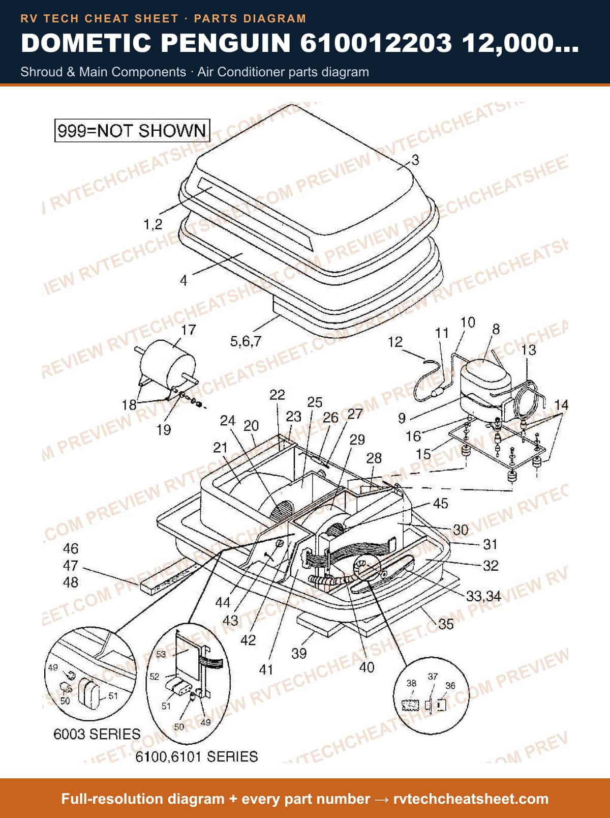 Dometic Penguin 610012203 12,000 BTU shroud & main components — parts list sheet