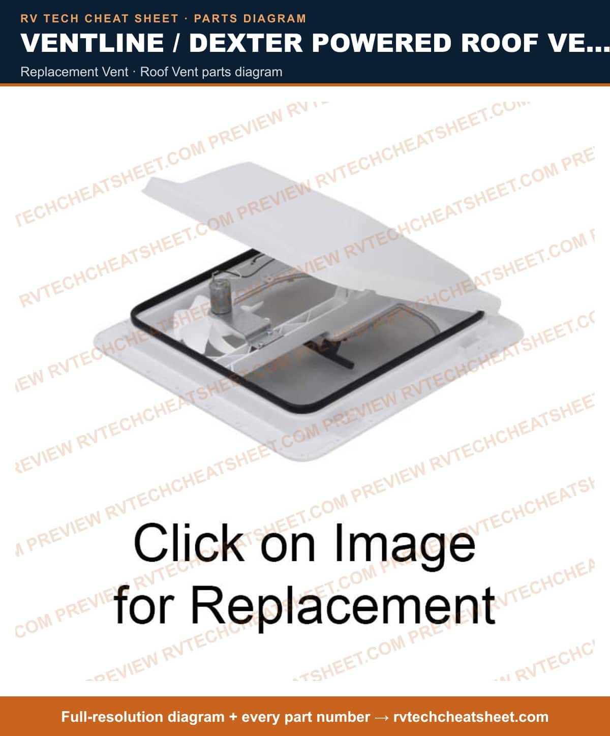 Ventline / Dexter Powered Roof Vents / Outlet Fans & Vents V3094 Series replacement vent — parts list sheet 1 of 3
