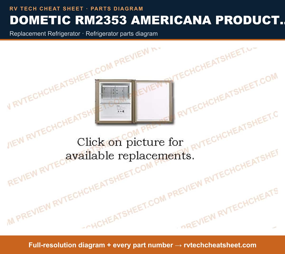 Dometic RM2353 Americana Product # 921145003 Beige replacement refrigerator — parts list sheet
