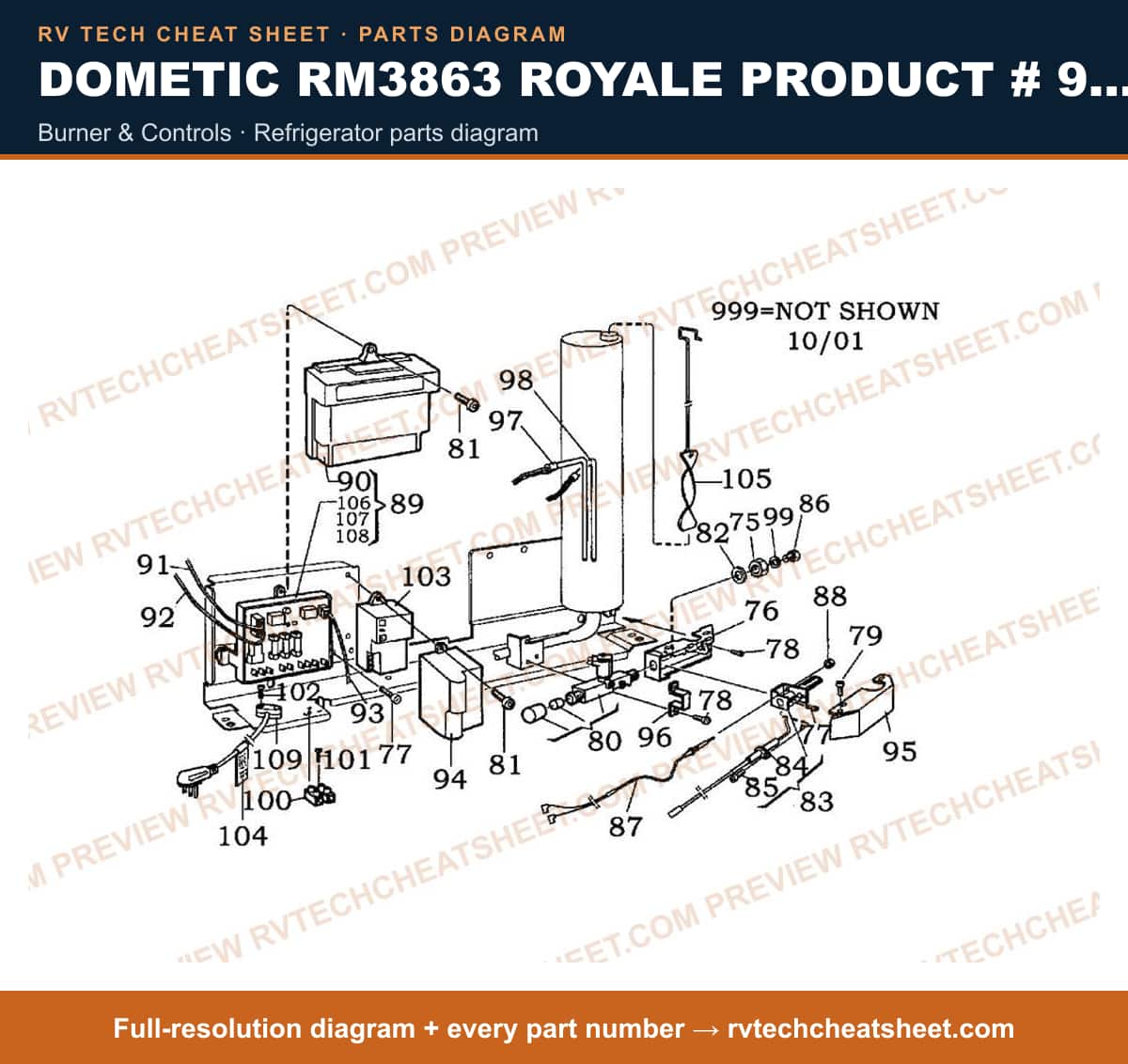 Dometic RM3863 Royale Product # 921146061 Black burner & controls — parts list sheet