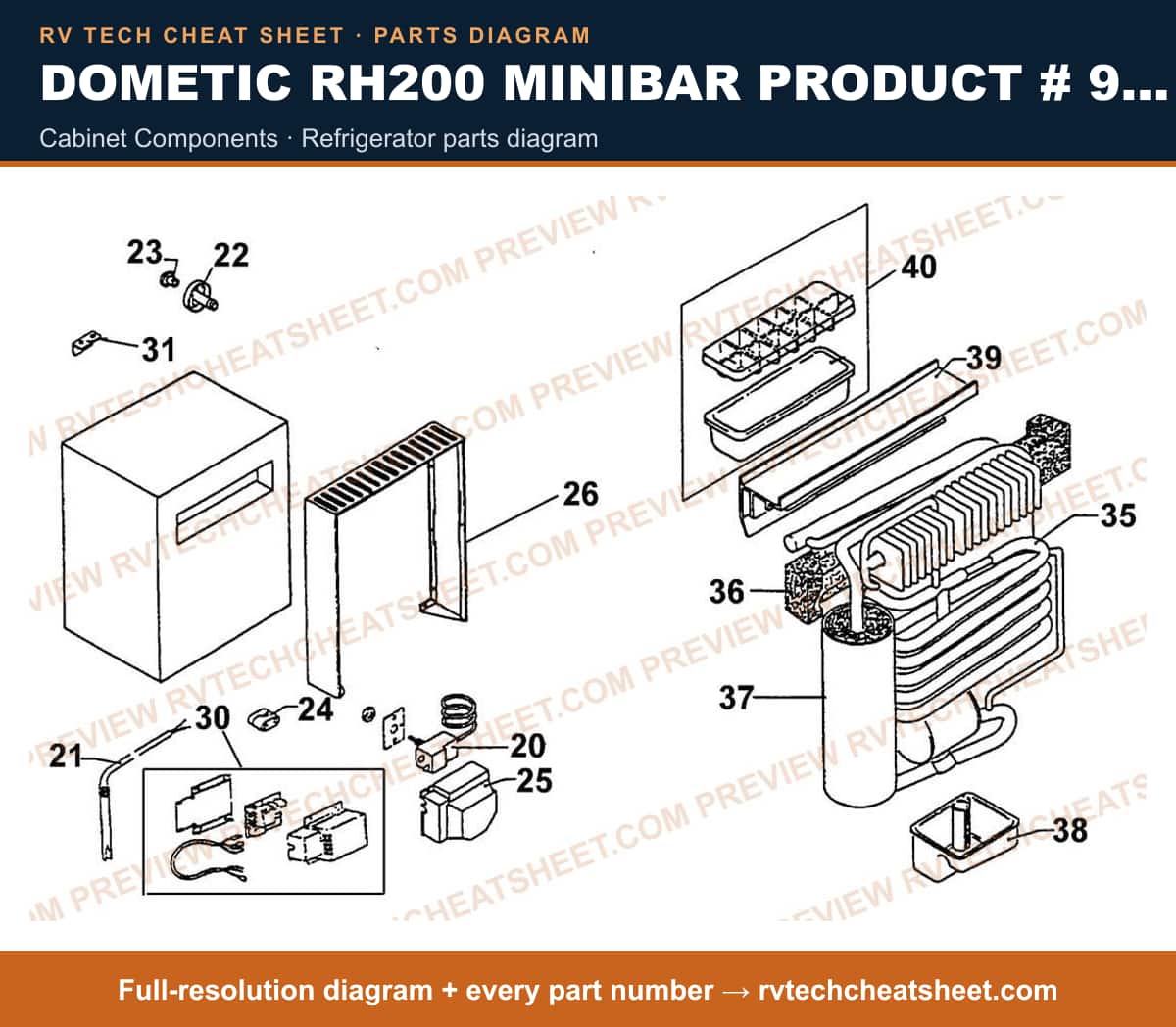 Dometic RH200 Minibar Product # 921517301 cabinet components — exploded parts diagram