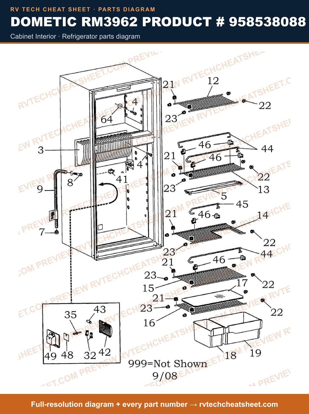 Dometic RM3962 Product # 958538088 cabinet interior — parts list sheet