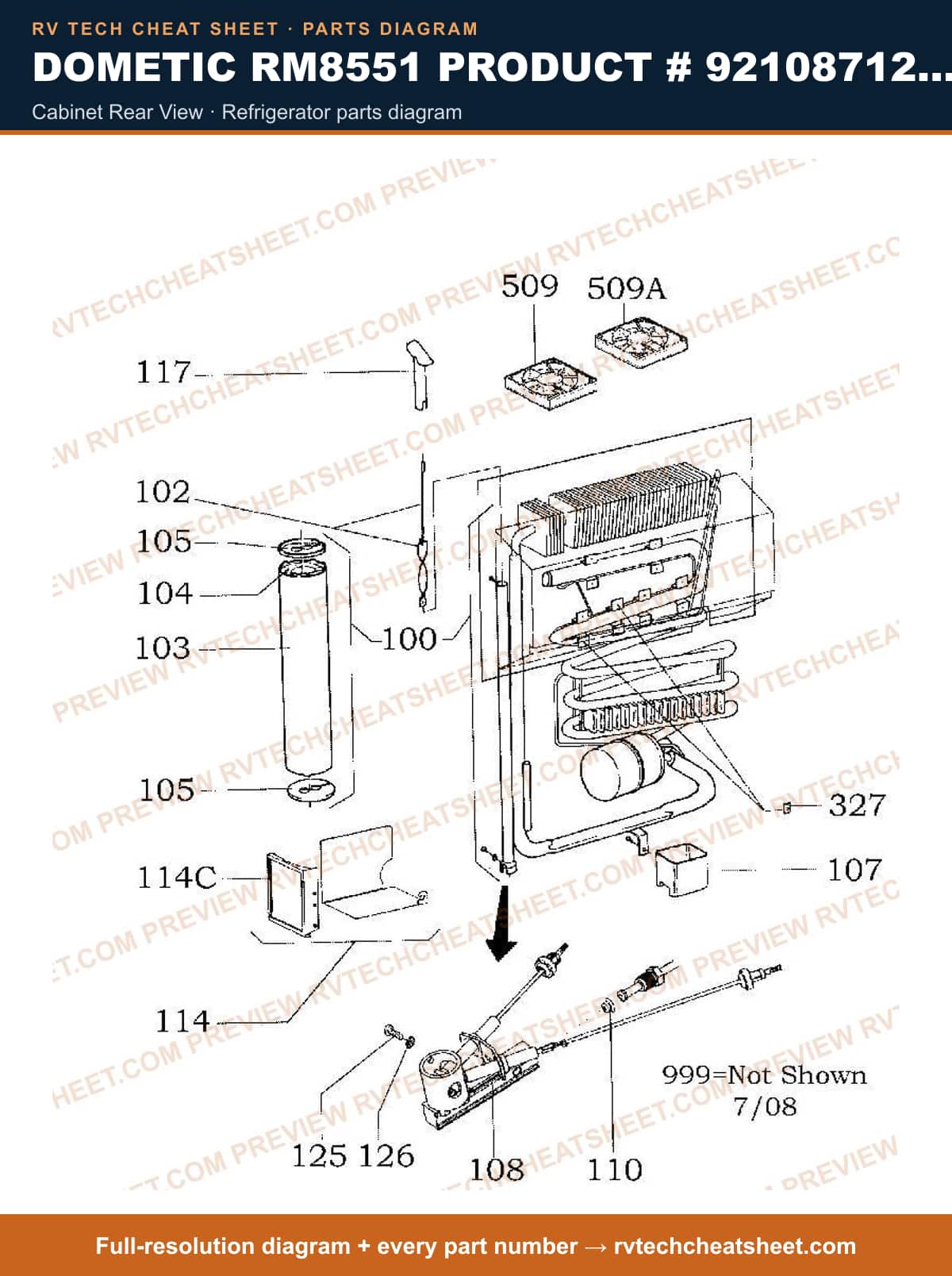 Dometic RM8551 Product # 921087120 Black cabinet rear view — parts list sheet