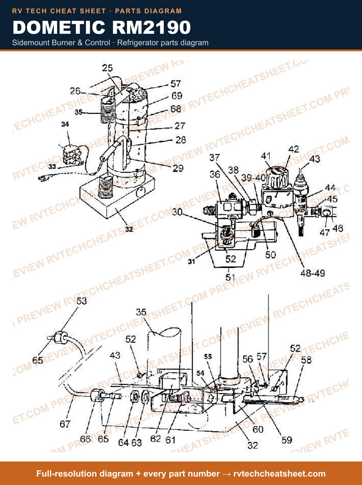 Dometic RM2190 sidemount burner & control — parts list sheet