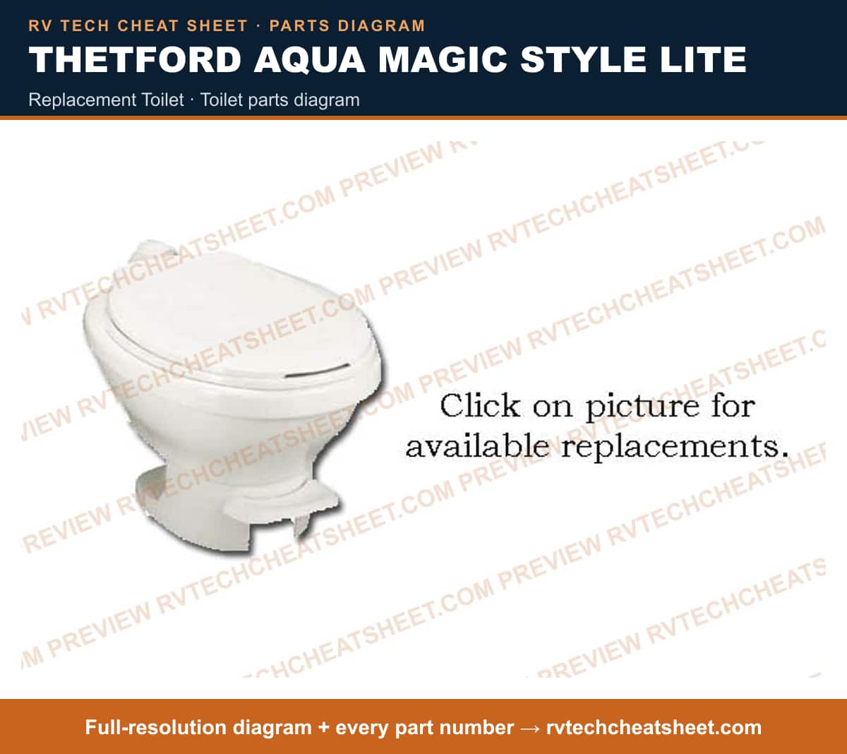 Thetford Aqua Magic Style Lite replacement toilet — exploded parts diagram 1 of 3