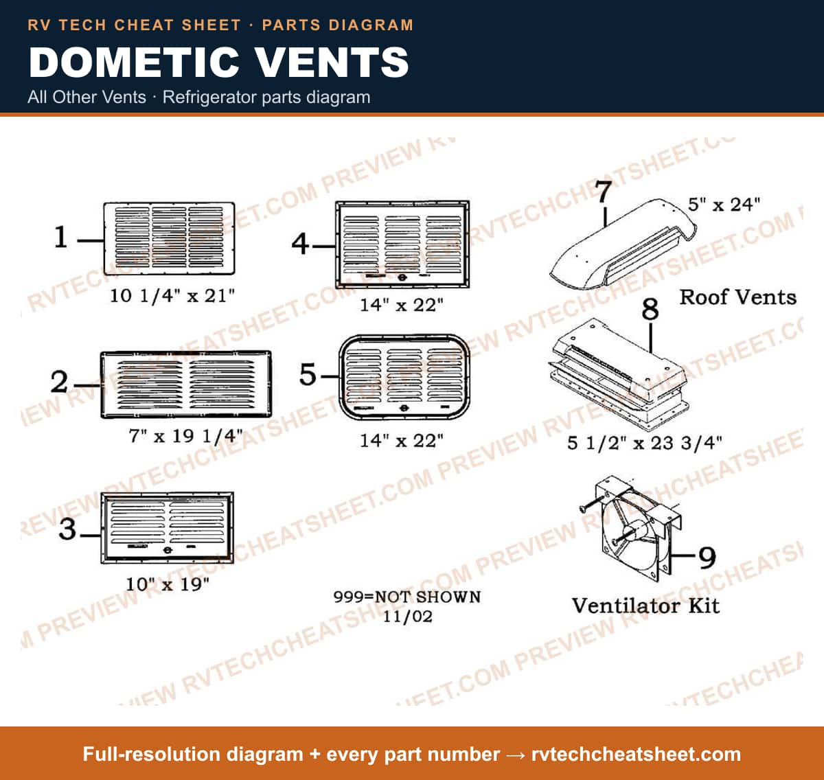 Dometic Vents all other vents — parts list sheet
