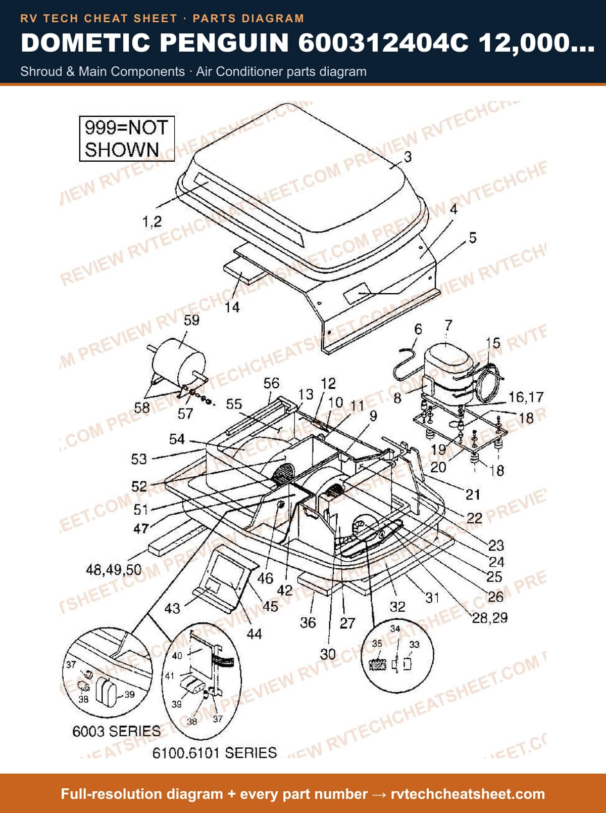 Dometic Penguin 600312404C 12,000 BTU shroud & main components — exploded parts diagram