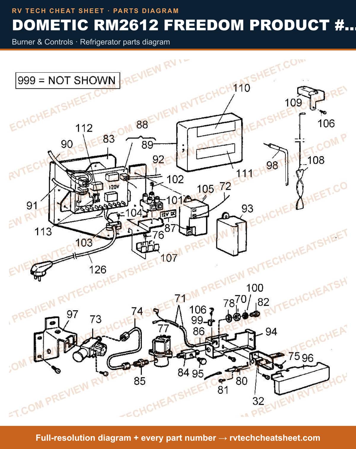 Dometic RM2612 Freedom Product # 921573801 Beige burner & controls — parts list sheet