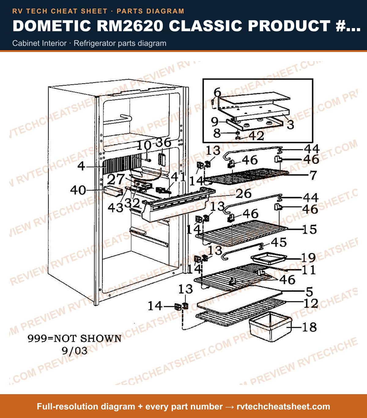 Dometic RM2620 Classic Product # 921575008 Beige cabinet interior — parts list sheet