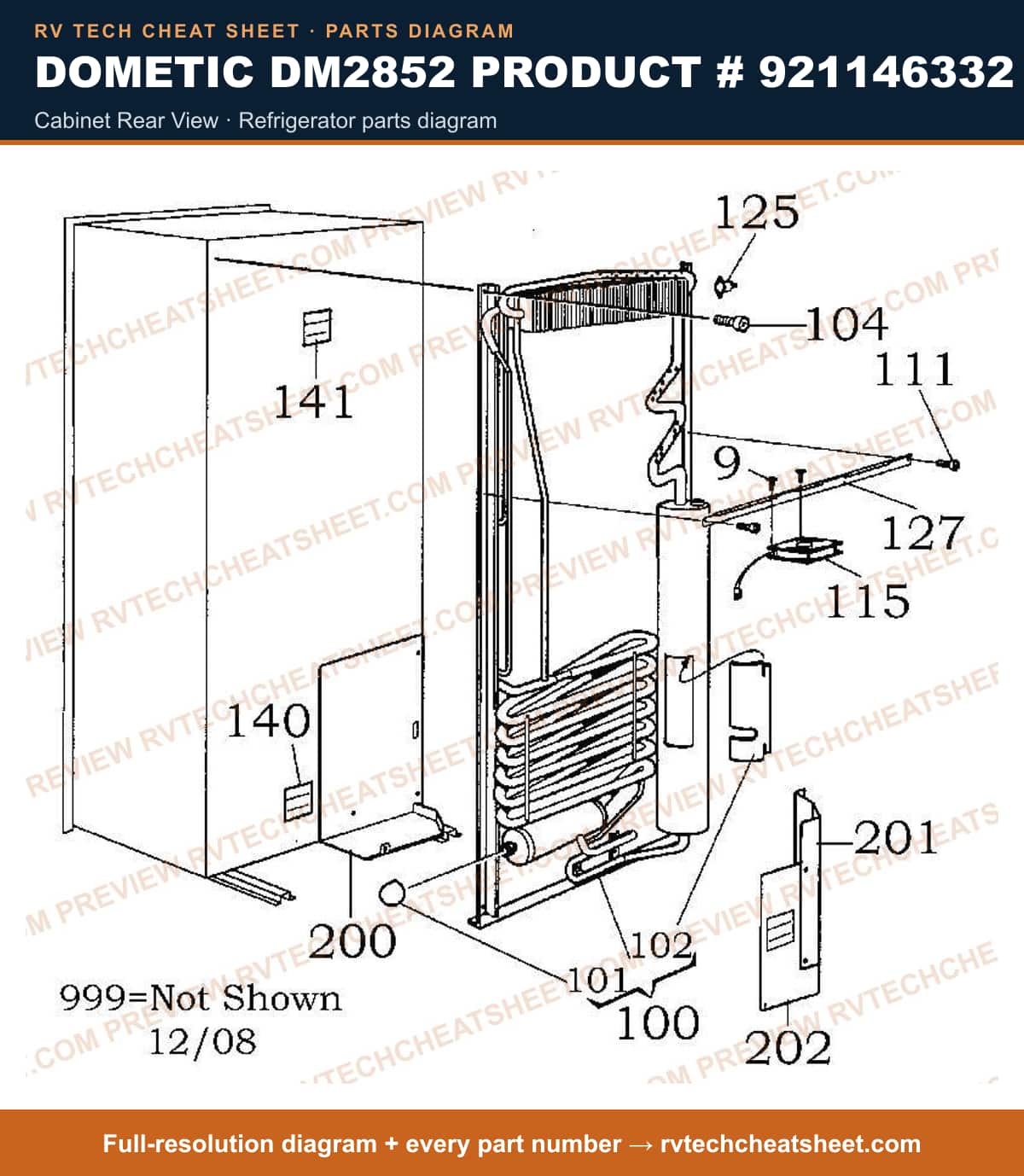 Dometic DM2852 Product # 921146332 cabinet rear view — parts list sheet