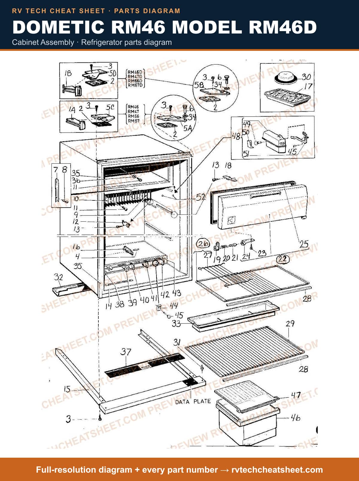 Dometic RM46 Model RM46D cabinet assembly — parts list sheet