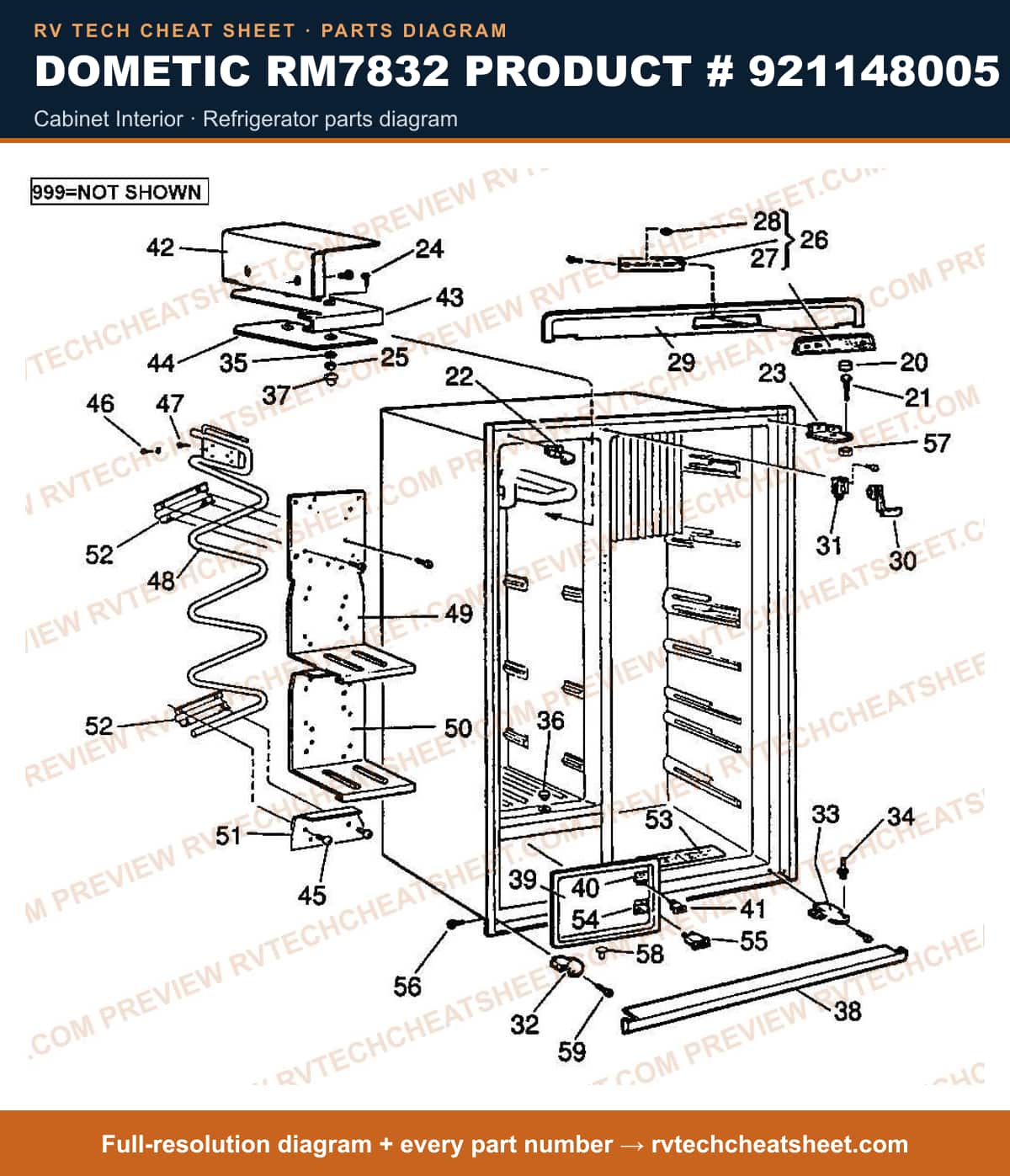 Dometic RM7832 Product # 921148005 cabinet interior — parts list sheet