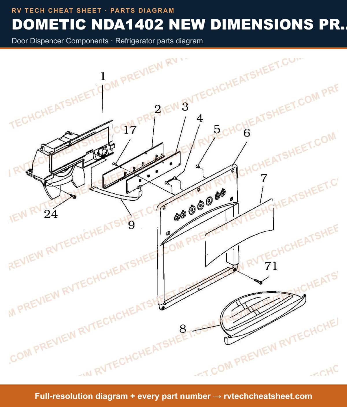 Dometic NDA1402 New Dimensions Product # 921148284 Black door dispencer components — parts list sheet