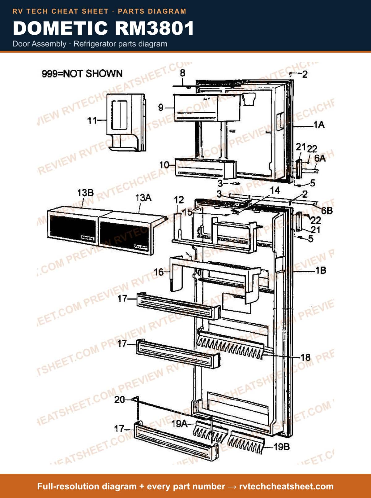 Dometic RM3801 door assembly — parts list sheet