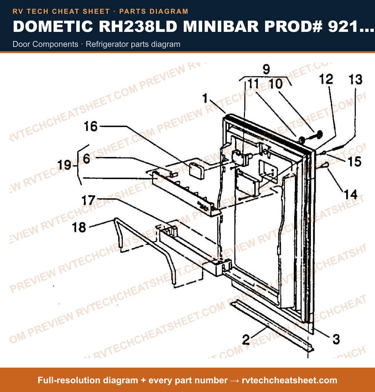 Dometic RH238LD Minibar Prod# 921063289 door components — parts list sheet