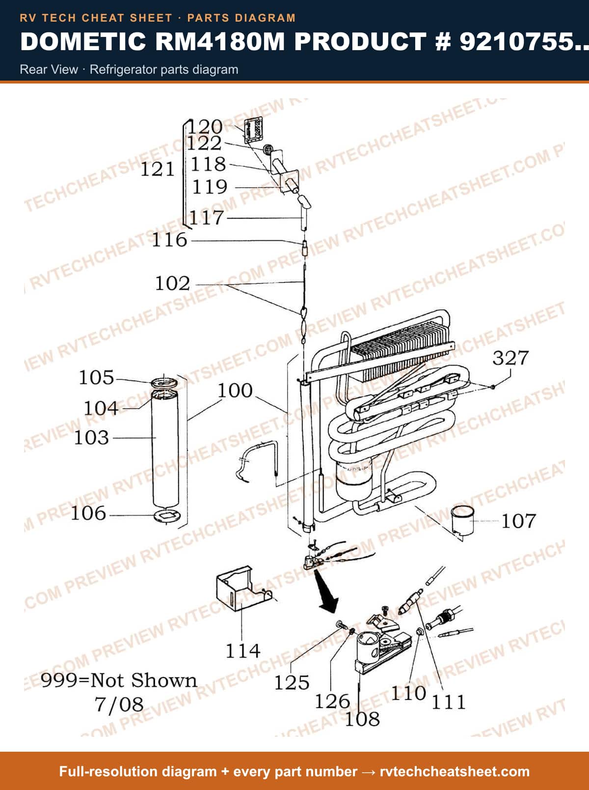 Dometic RM4180M Product # 921075598 rear view — parts list sheet