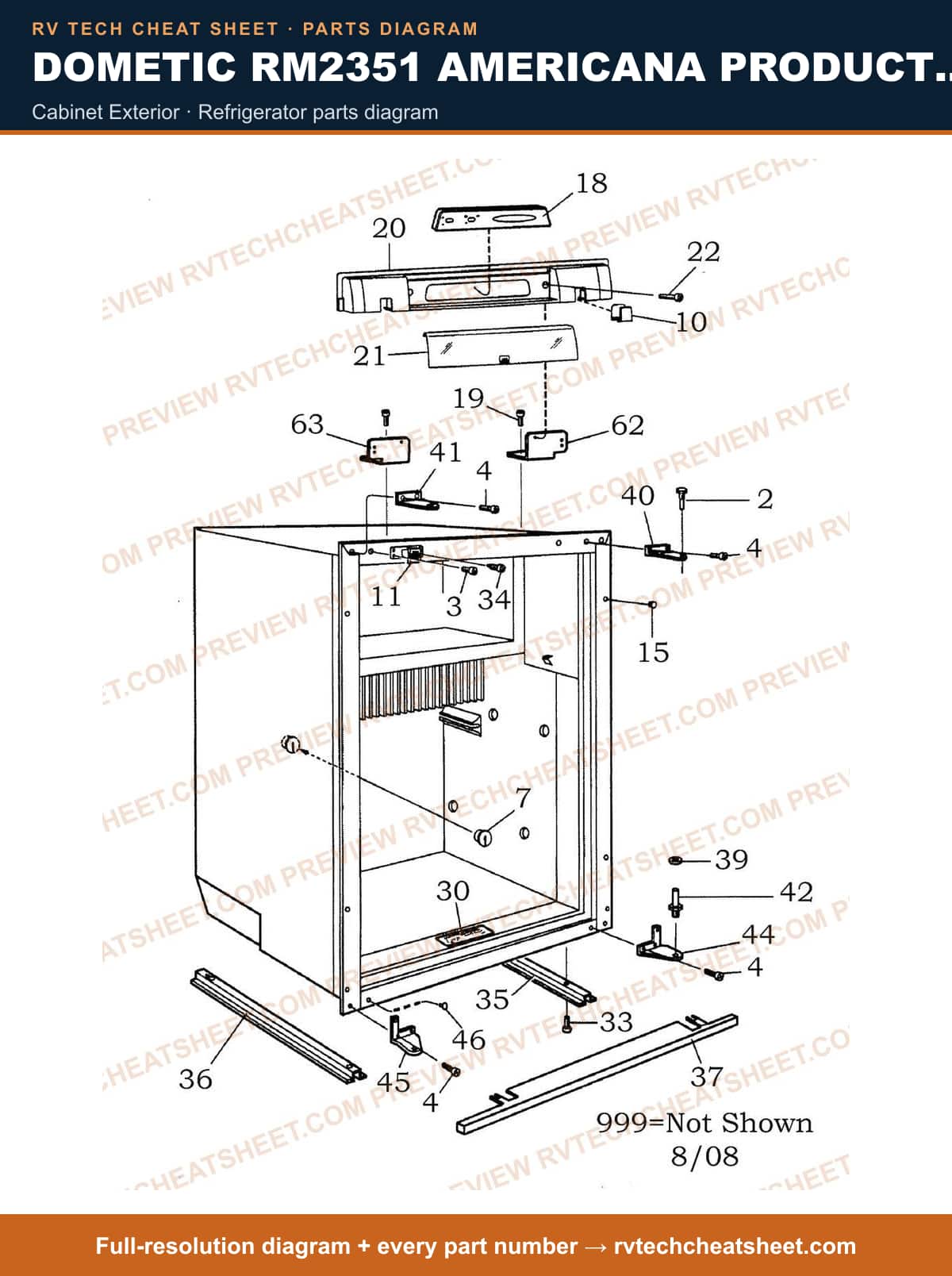 Dometic RM2351 Americana Product # 921145057 Black cabinet exterior — parts list sheet