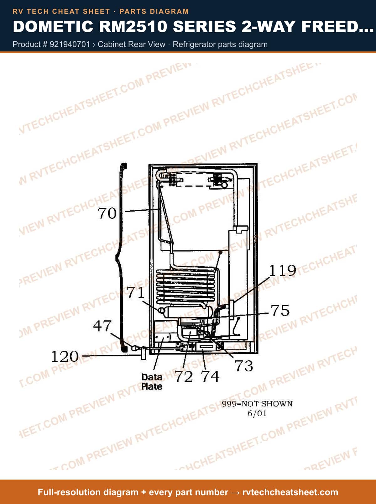 Dometic RM2510 Series 2-WAY Freedom product # 921940701 › cabinet rear view — parts list sheet