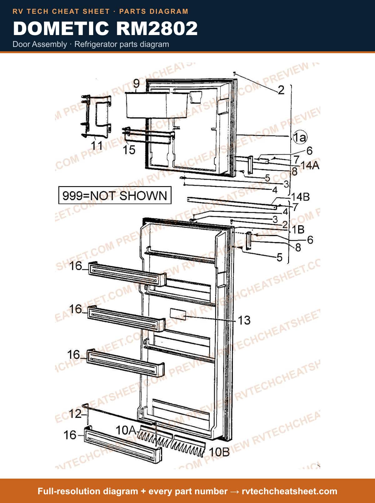 Dometic RM2802 door assembly — parts list sheet