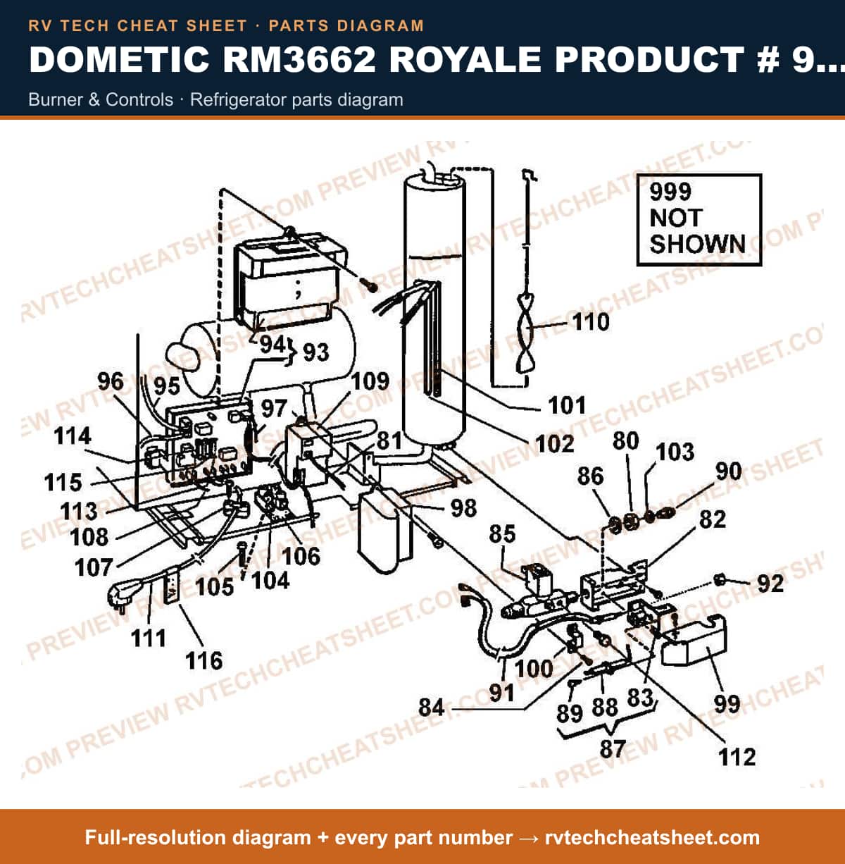 Dometic RM3662 Royale Product # 921144005 Beige burner & controls — parts list sheet