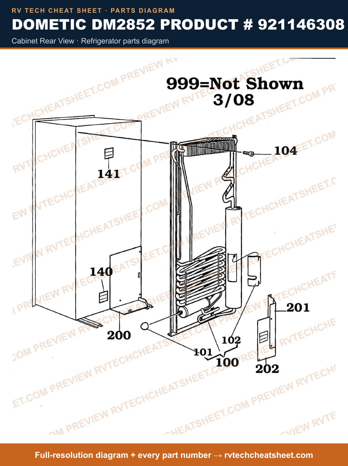 Dometic DM2852 Product # 921146308 cabinet rear view — parts list sheet