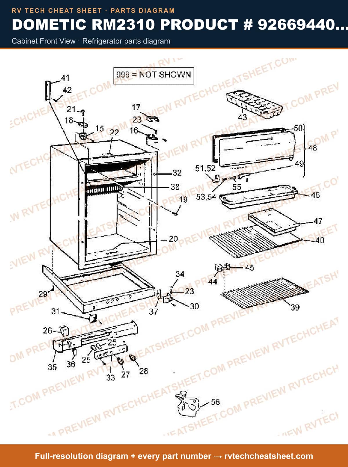 Dometic RM2310 Product # 926694401 2-WAY cabinet front view — parts list sheet